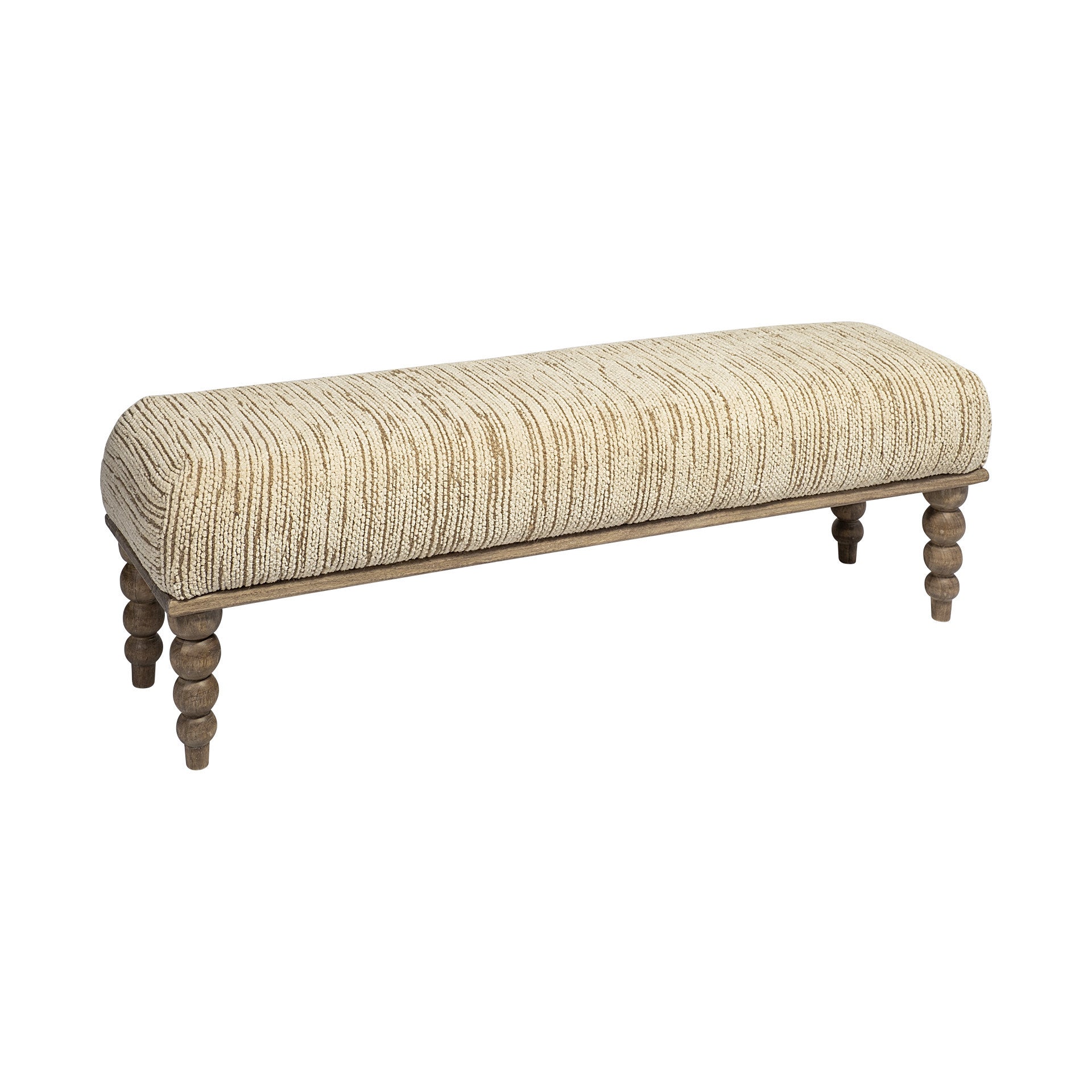 55" Cream and Wood Brown Upholstered Fabric Bench