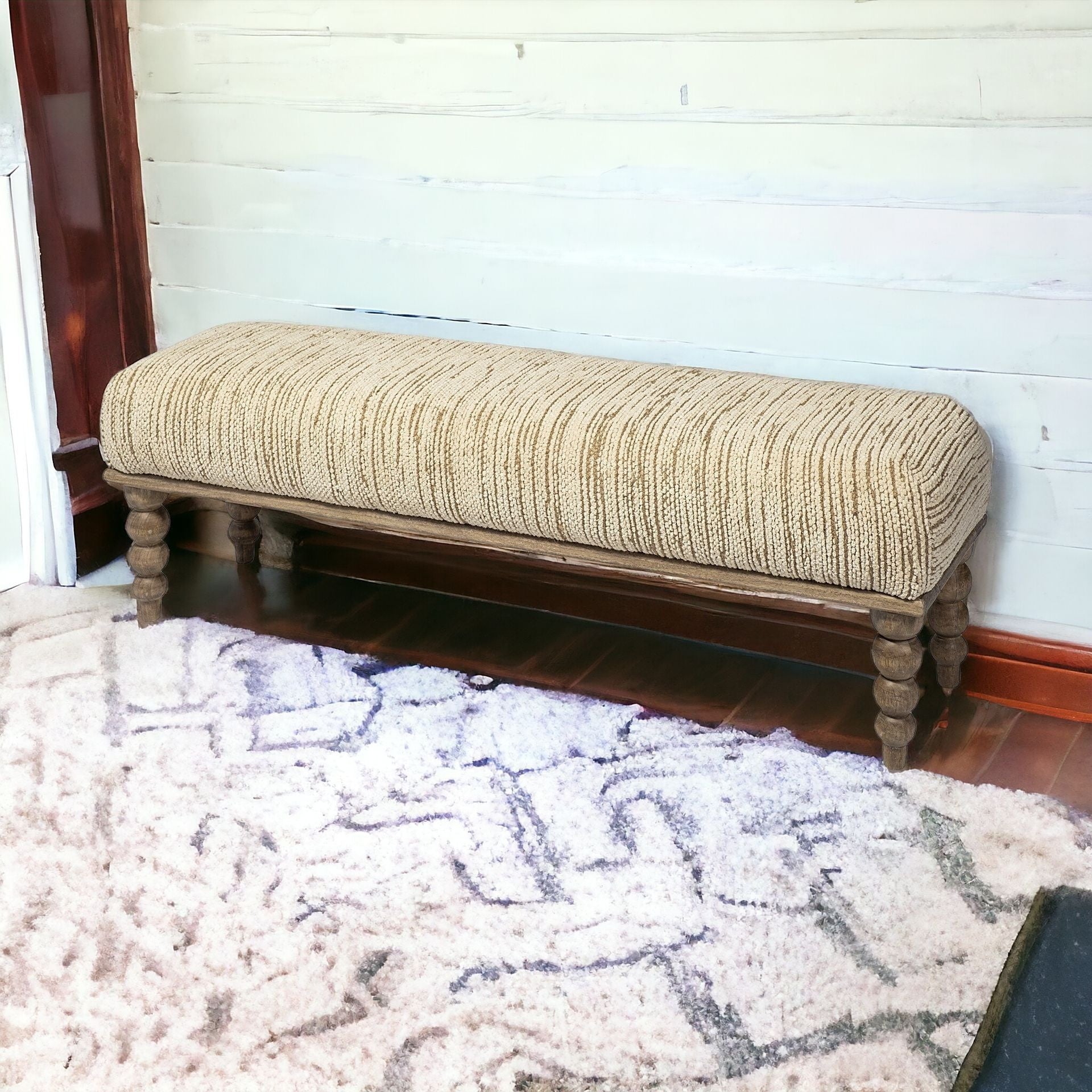 55" Cream and Wood Brown Upholstered Fabric Bench