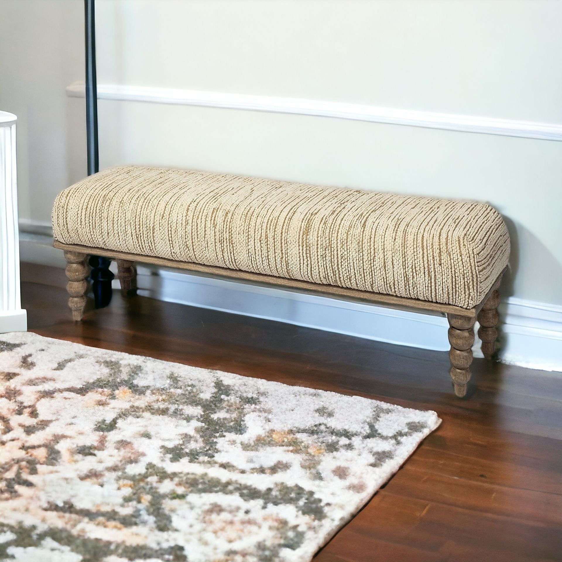 55" Cream and Wood Brown Upholstered Fabric Bench