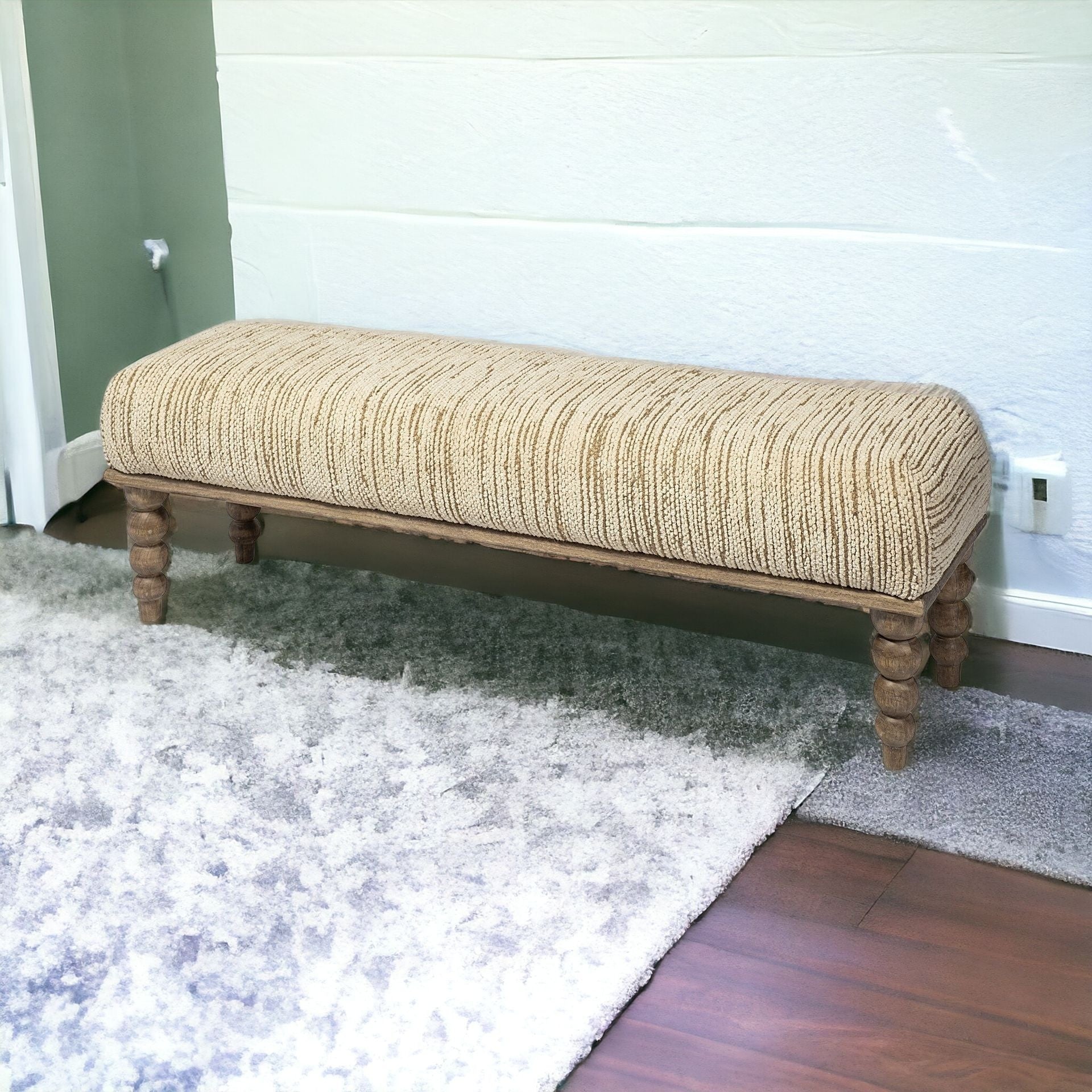 55" Cream and Wood Brown Upholstered Fabric Bench