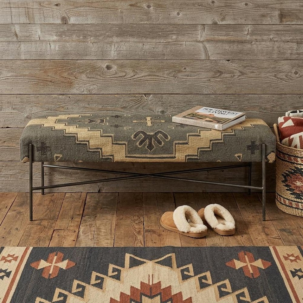 55" Green Brown and Black Upholstered Abstract Cotton Blend Bench