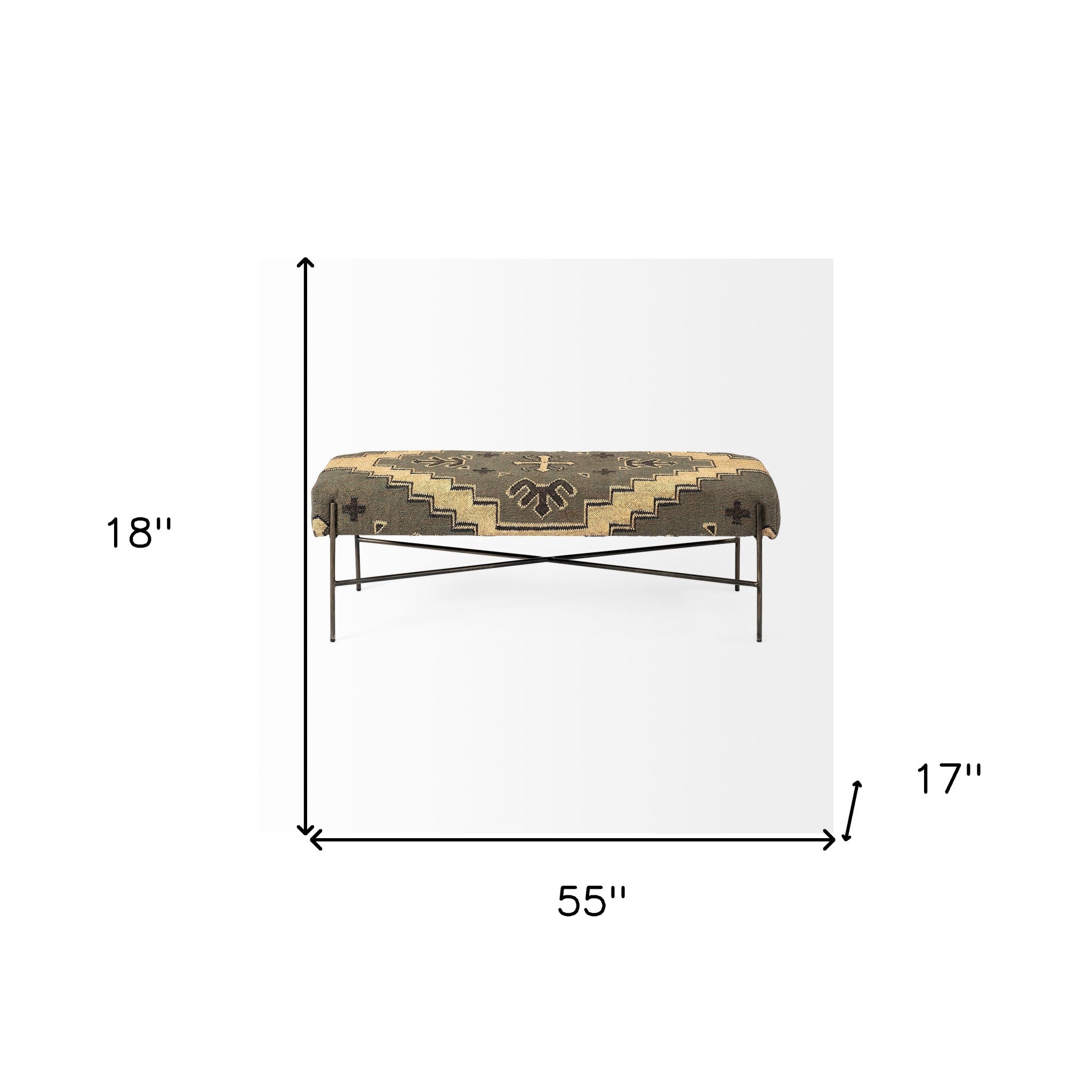 55" Green and Brown and Black Upholstered Cotton Blend Abstract Bench