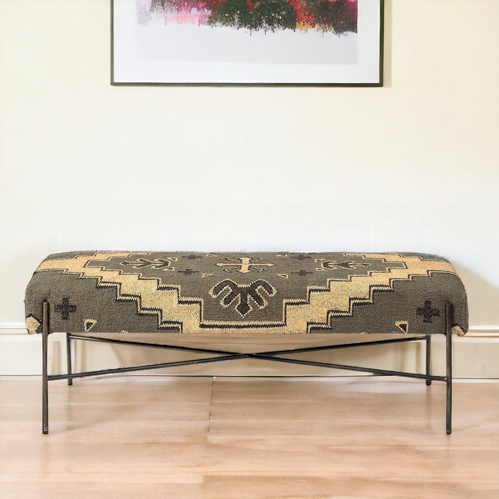 55" Green Brown and Black Upholstered Abstract Cotton Blend Bench