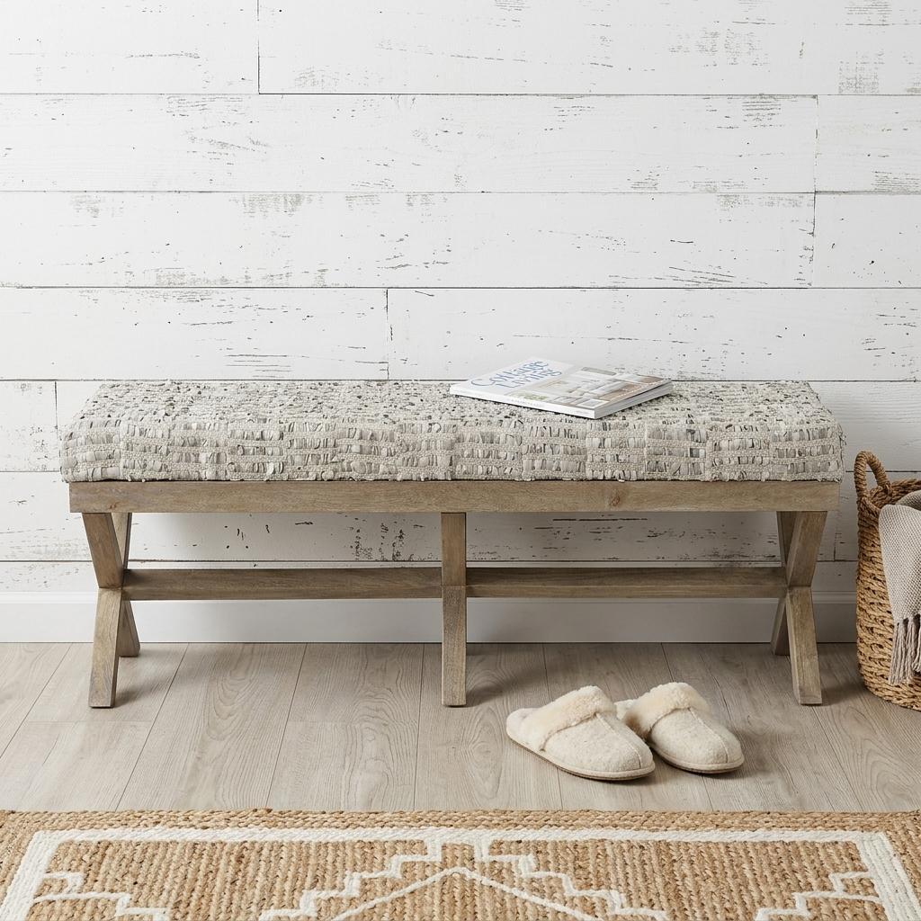 16" Beige and Brown Upholstered Faux Leather Bench