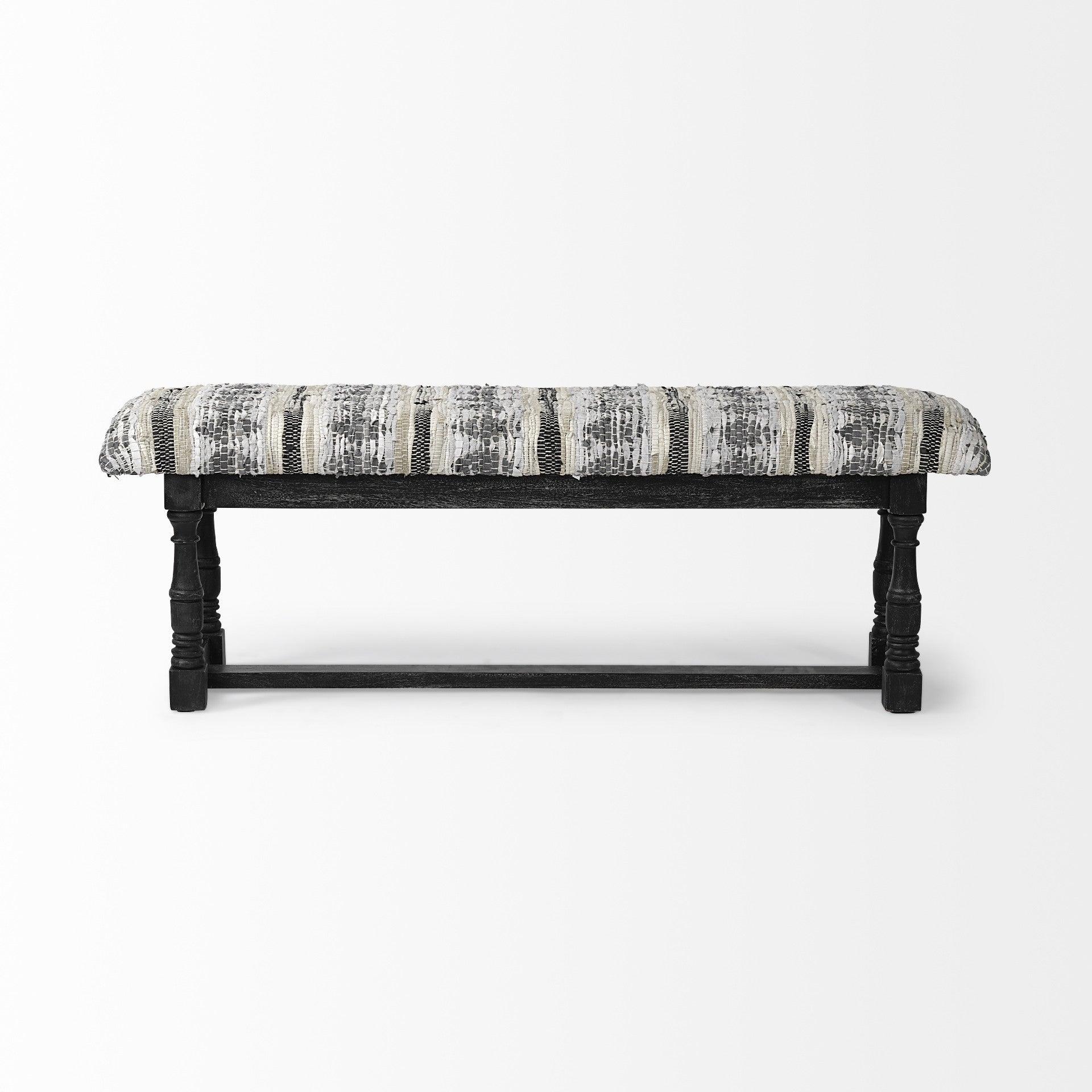 15" Off White and Black Upholstered Faux Leather Bench