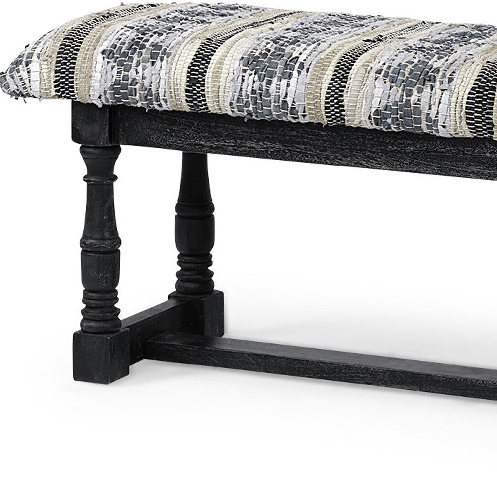 15" Off White and Black Upholstered Faux Leather Bench