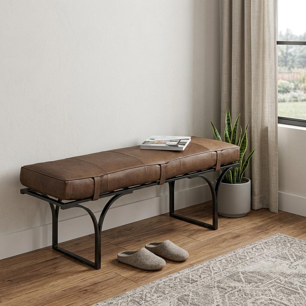 55" Brown and Black Genuine Leather Upholstery Bench