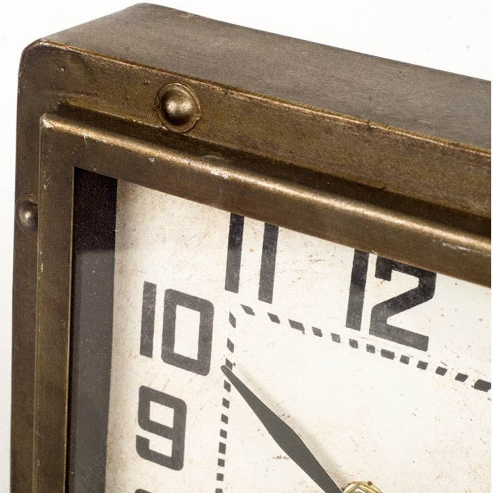 Square  Bronze Toned Metal Desk Table Clock With Traditional Black Numbers And Hands