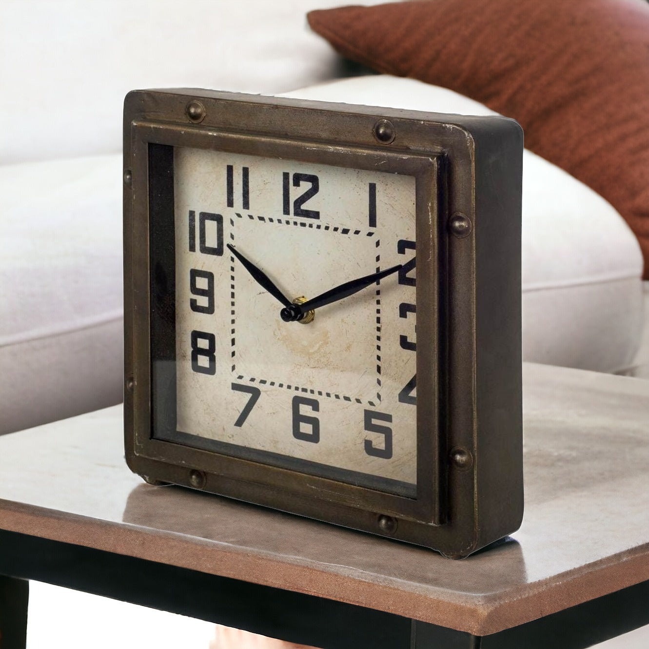 Square  Bronze Toned Metal Desk Table Clock With Traditional Black Numbers And Hands