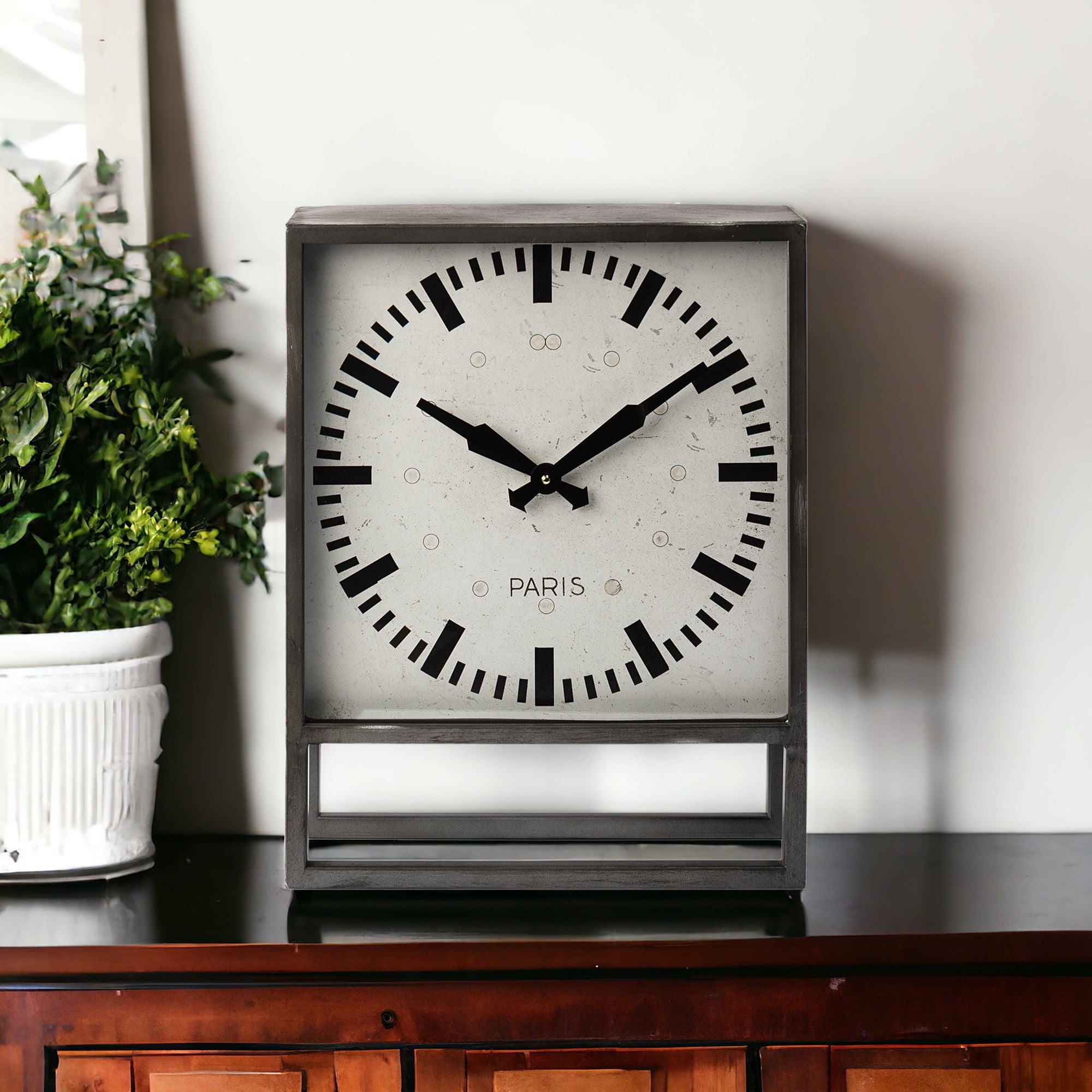 Square Gray Metal Desk  Table Clock With Simple White And Black Face