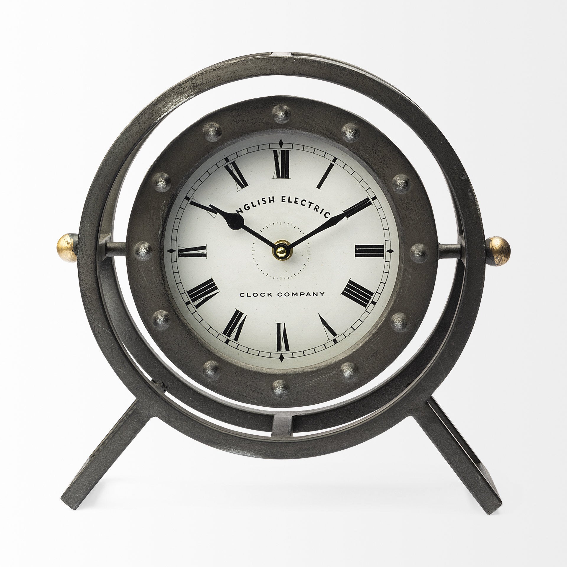 Gray Metal Circular Desk  Table Clock With Rivet Detail Frame