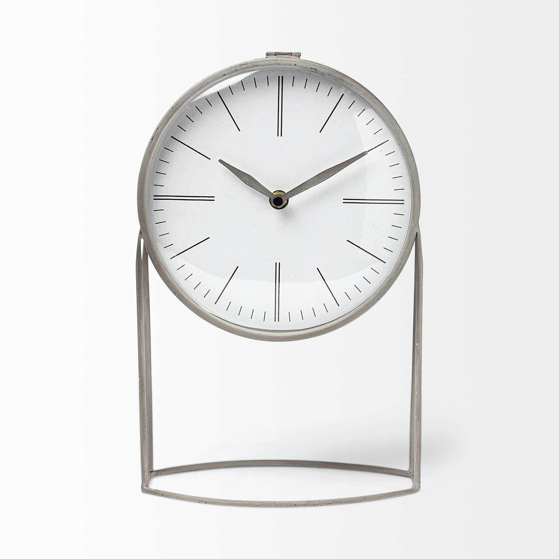 Gray Metal Circular Desk Table Clock Equipped With A Quartz Movement