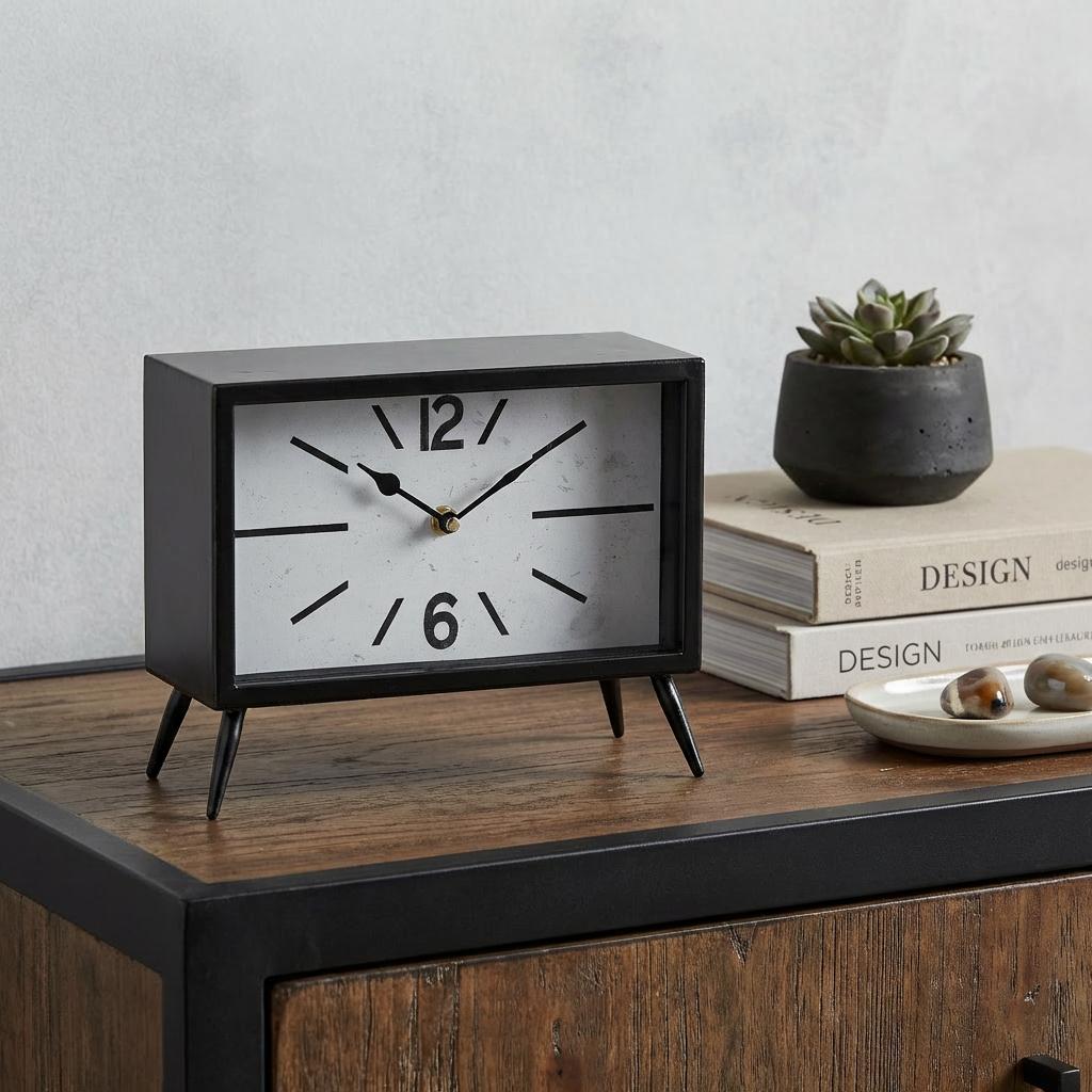 11" Black And White Metal Table Clock