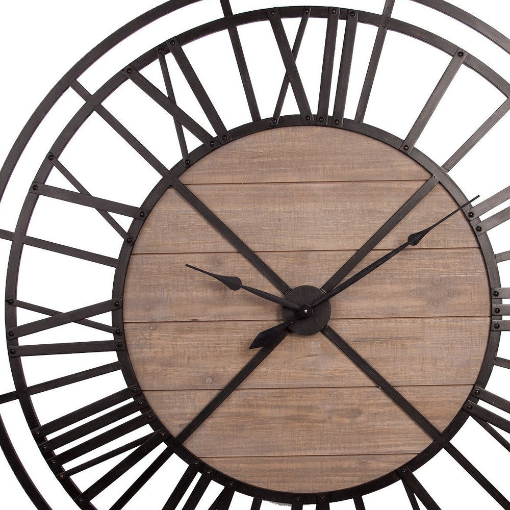 59" Black And Brown Metal and Solid Wood Skeleton Circle Wall Clock