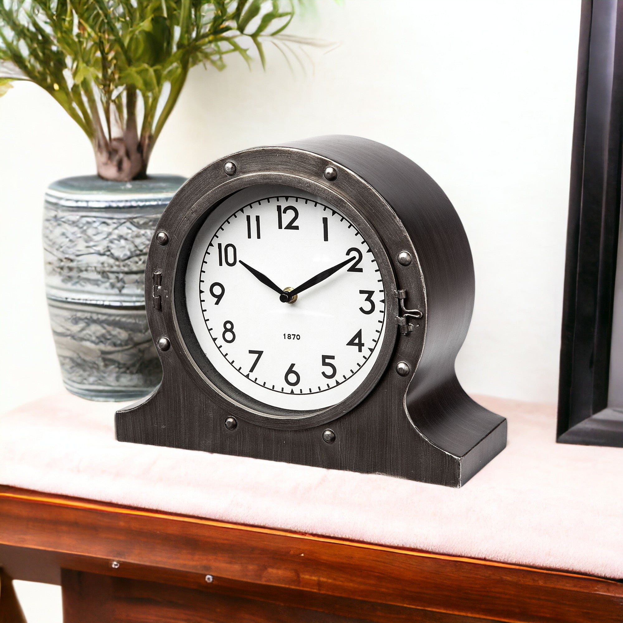 Rustic Brown Metal Porthole Desk  Table Clock
