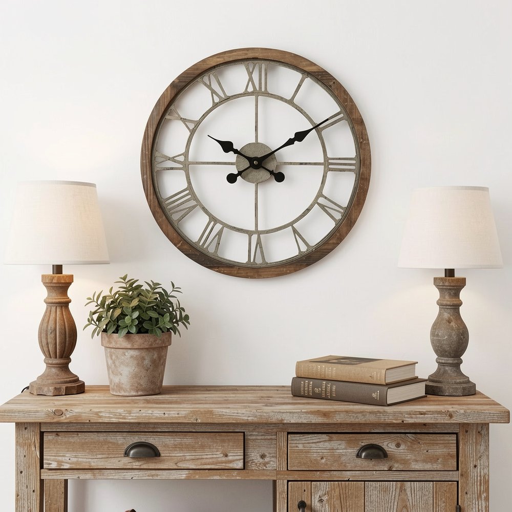19" Brown Round Modern Farm Wall Clock