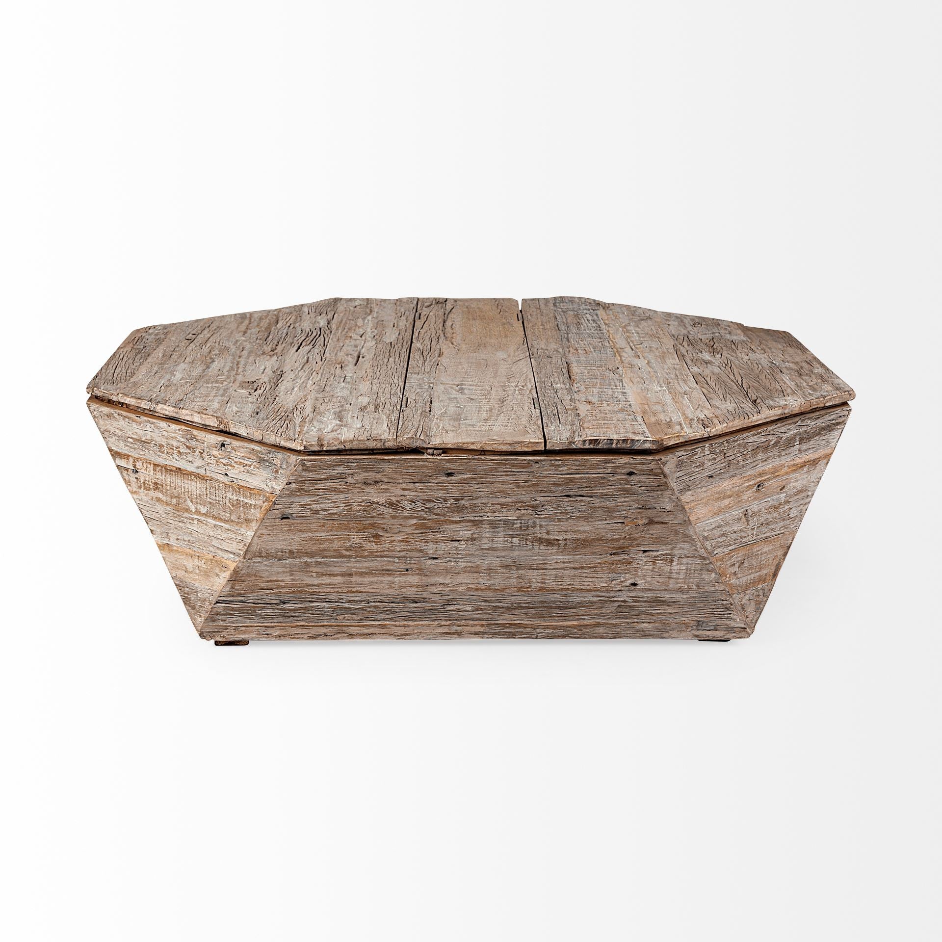 49" Natural Wood Octagon Distressed Lift Top Abstract Coffee Table