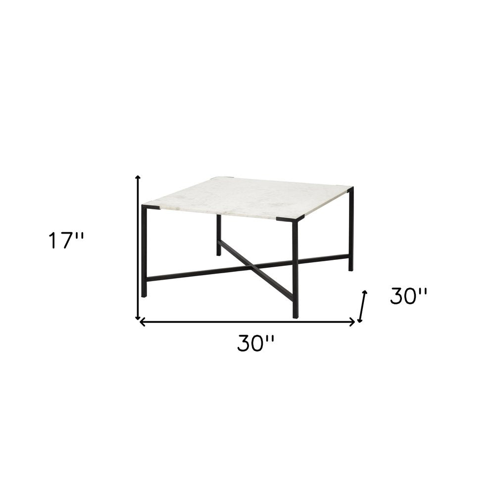 30" Black And White Genuine Marble and Metal Square Cross Legs Coffee Table