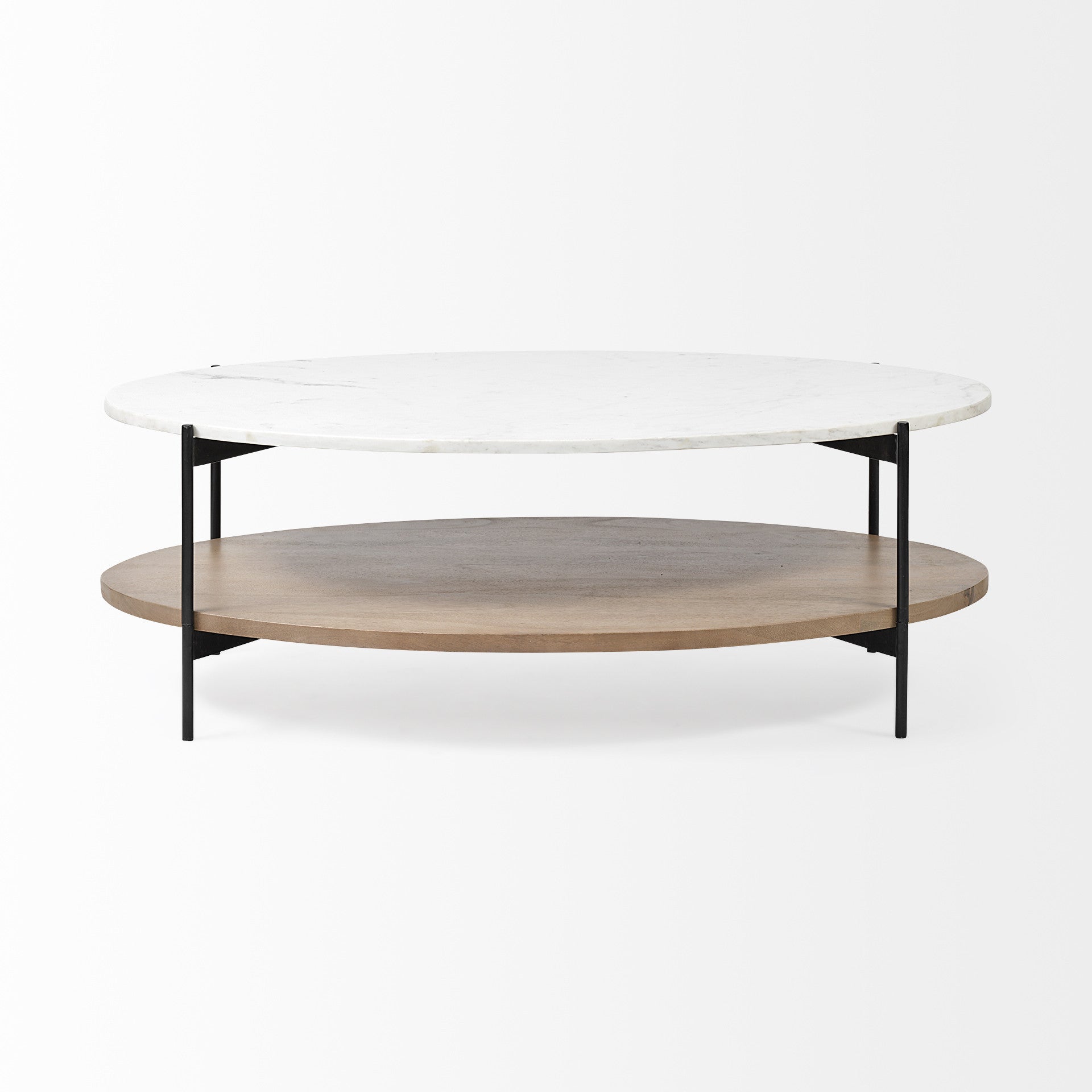 Oval White Marble Top And Black Metal Base Coffee Table W Wood Shelf