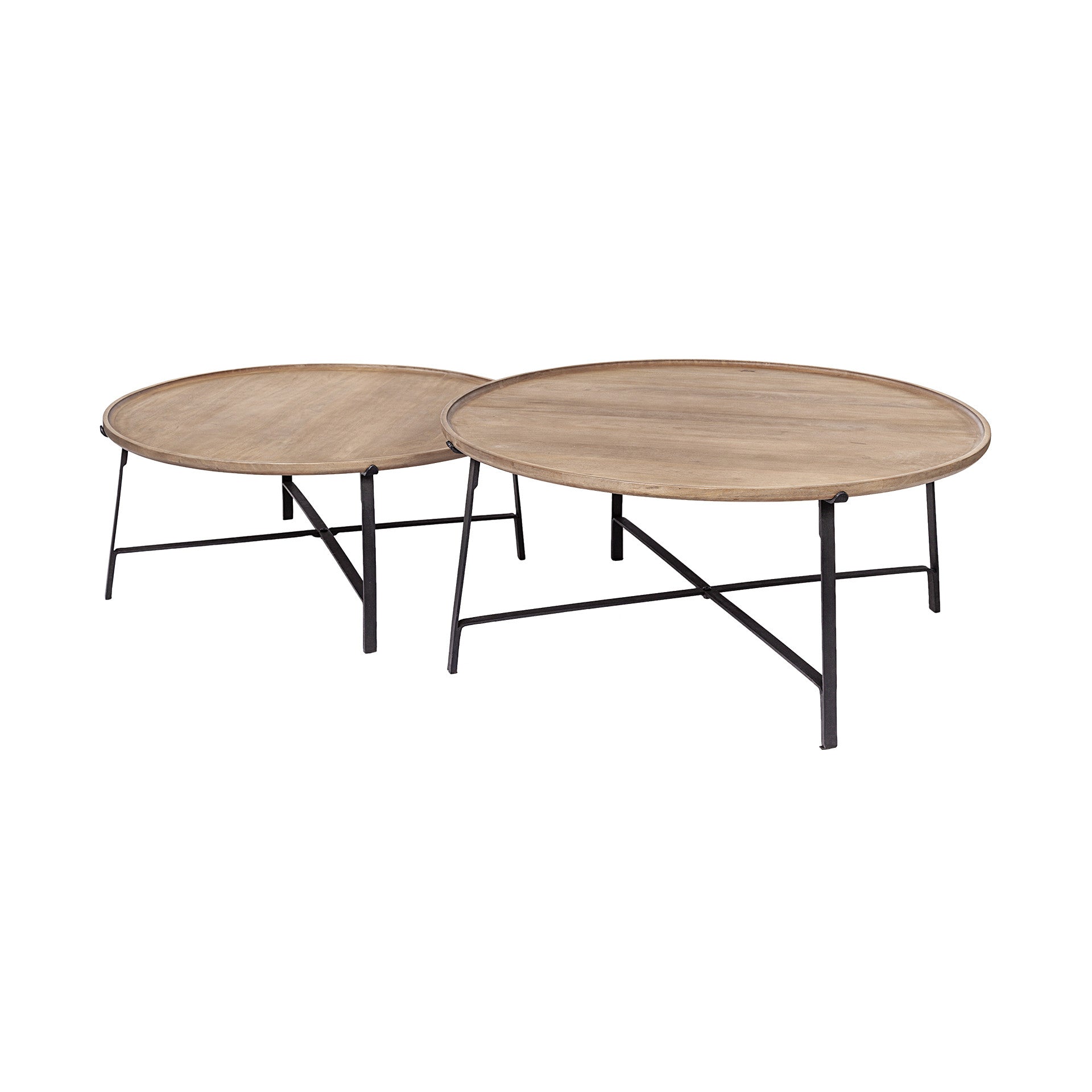 Set of Two Brown and Black Solid Wood and Iron Round Nested Coffee Tables