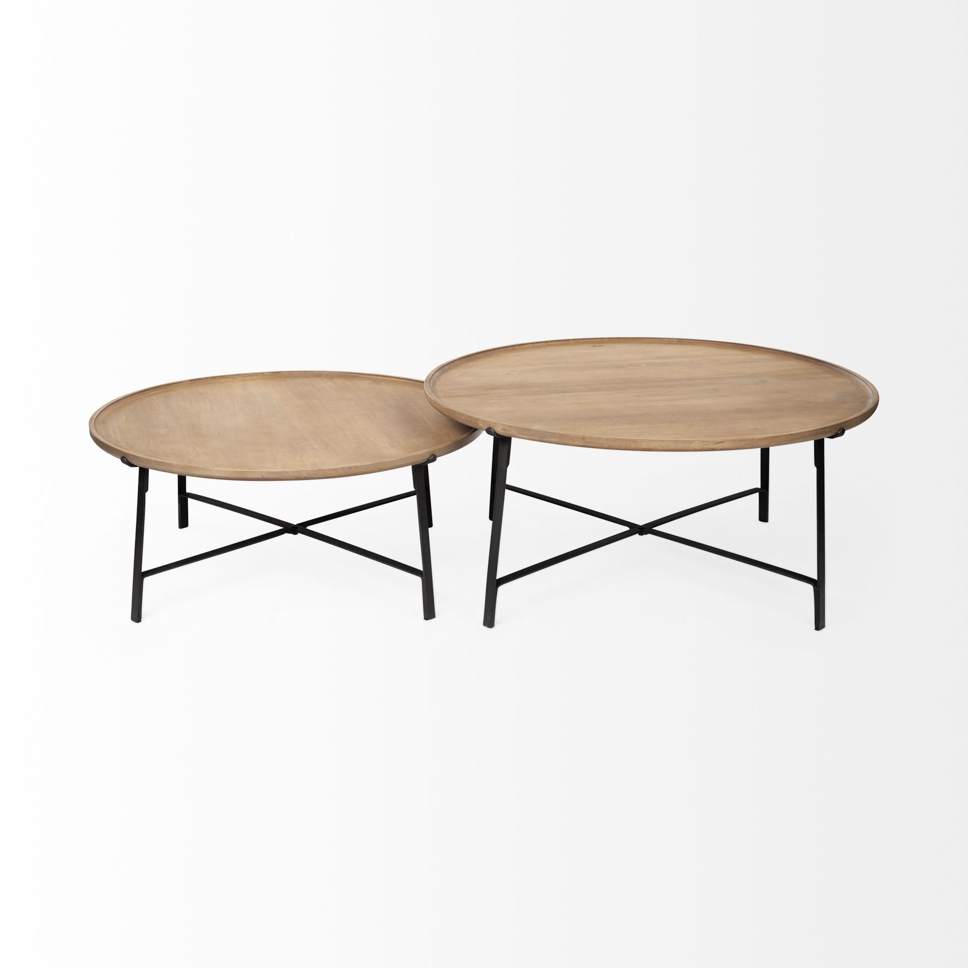 Set of Two Brown and Black Solid Wood and Iron Round Nested Coffee Tables