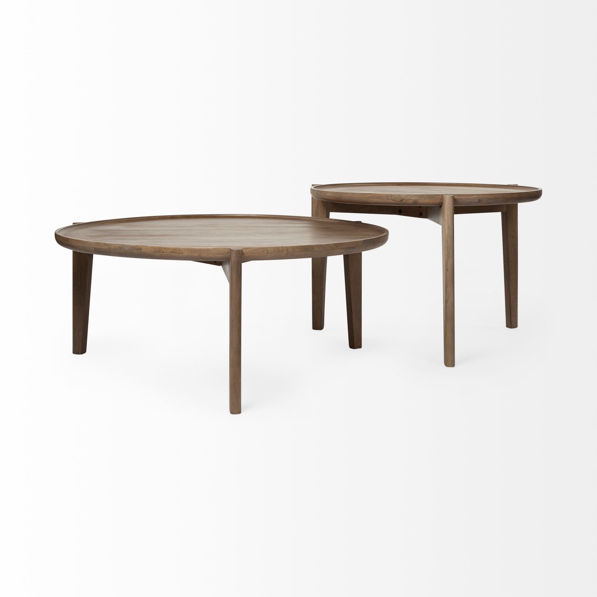 Set of Two Brown Solid Wood Round Nested Coffee Tables