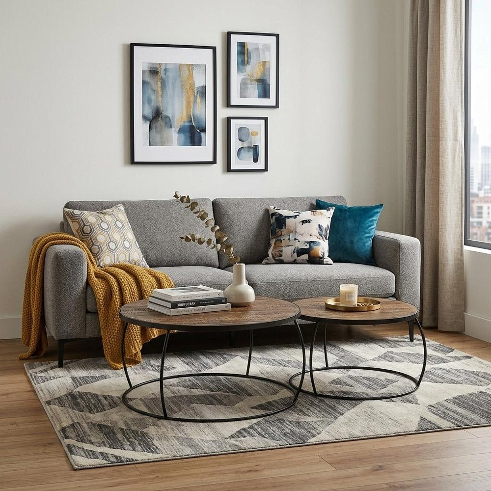 Brown and Black Wood and Metal Round Nested Coffee Tables