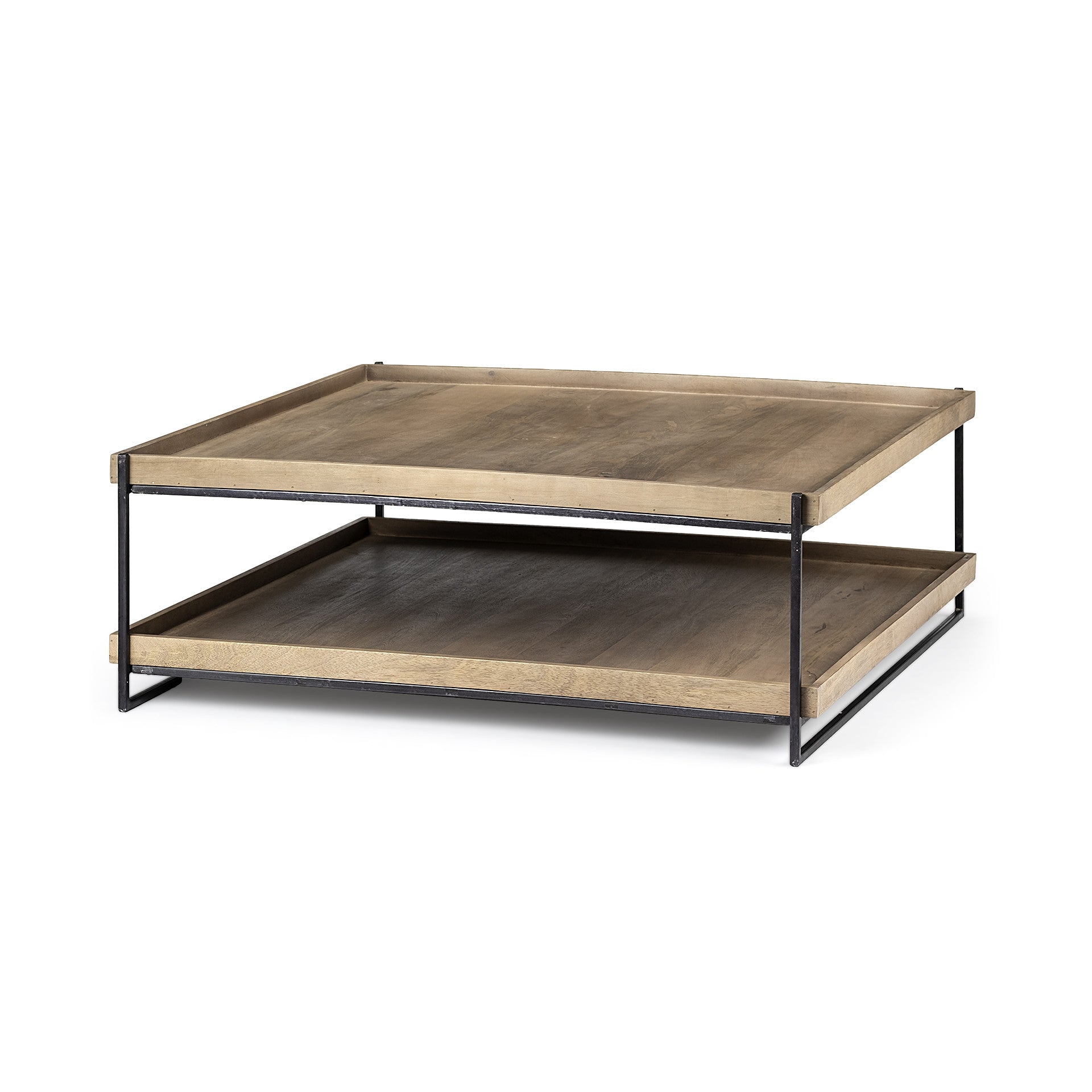 46" Natural and Black Solid Wood and Metal Coffee Table With Shelf