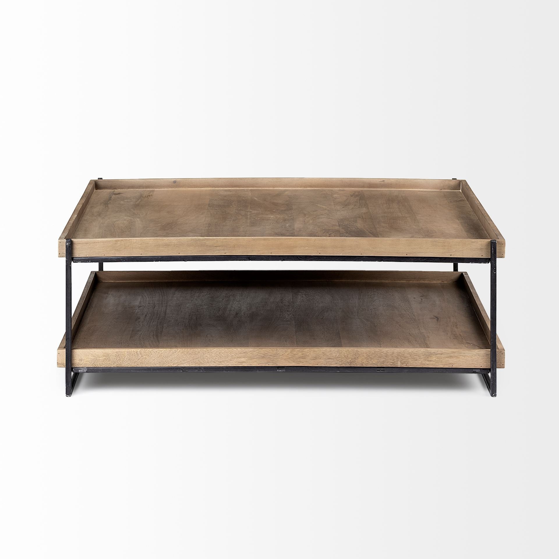 46" Natural and Black Solid Wood and Metal Coffee Table With Shelf