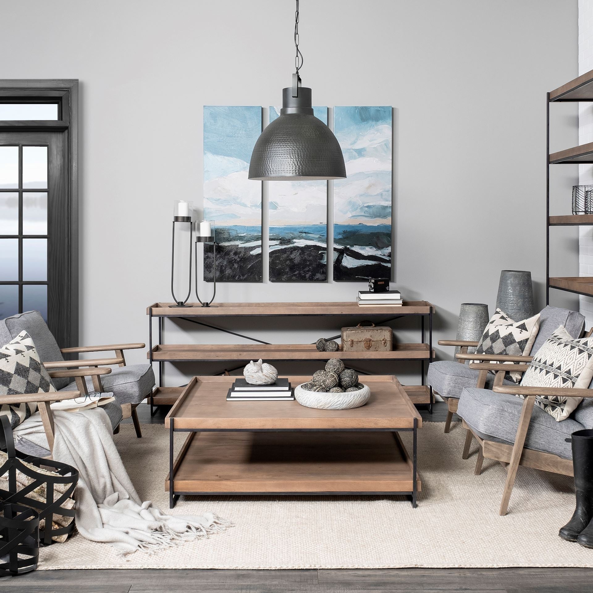 46" Natural and Black Solid Wood and Metal Coffee Table With Shelf