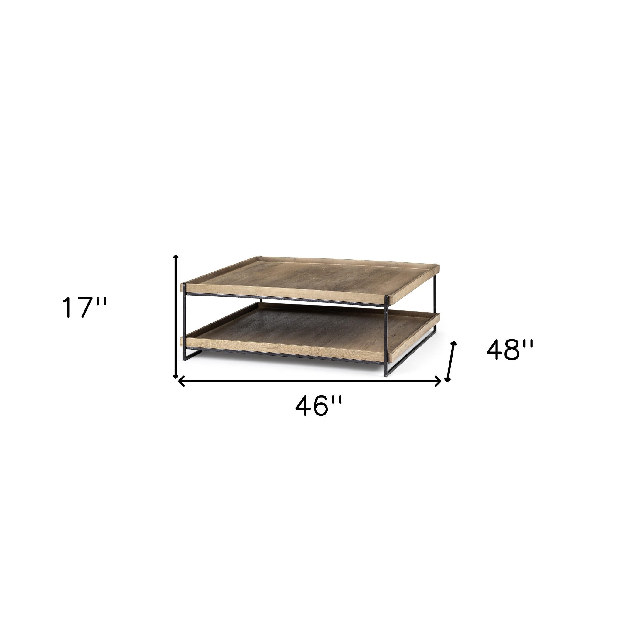 46" Natural and Black Solid Wood and Metal Coffee Table With Shelf