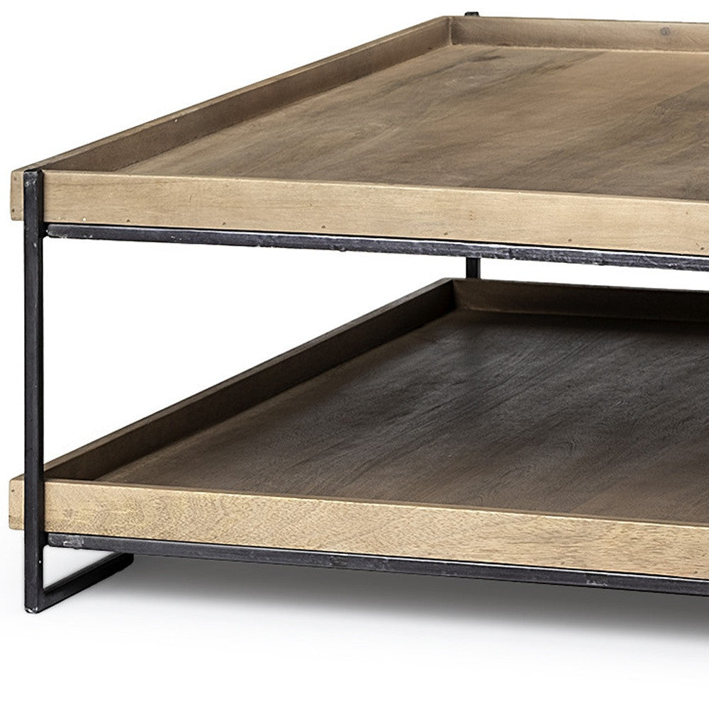 46" Natural and Black Solid Wood and Metal Coffee Table With Shelf