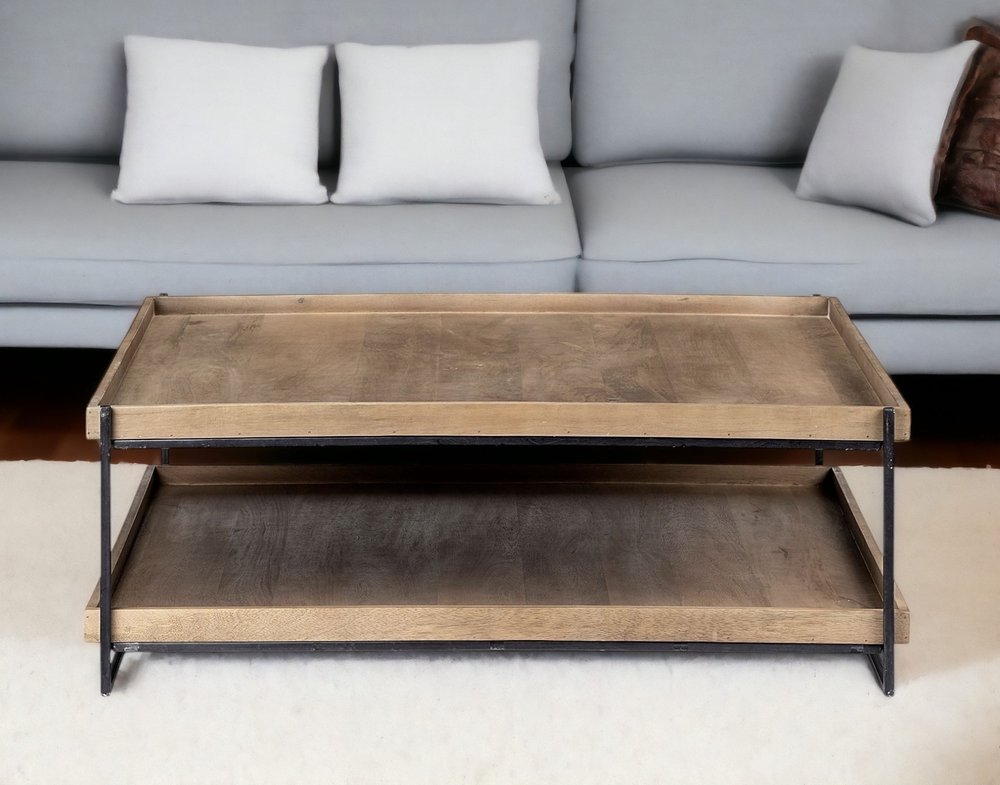 46" Natural and Black Solid Wood and Metal Coffee Table With Shelf