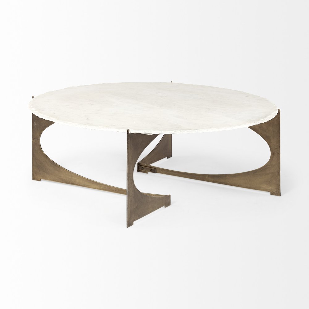 49" Round White Marble Top Gold And Metal Base Coffee Table