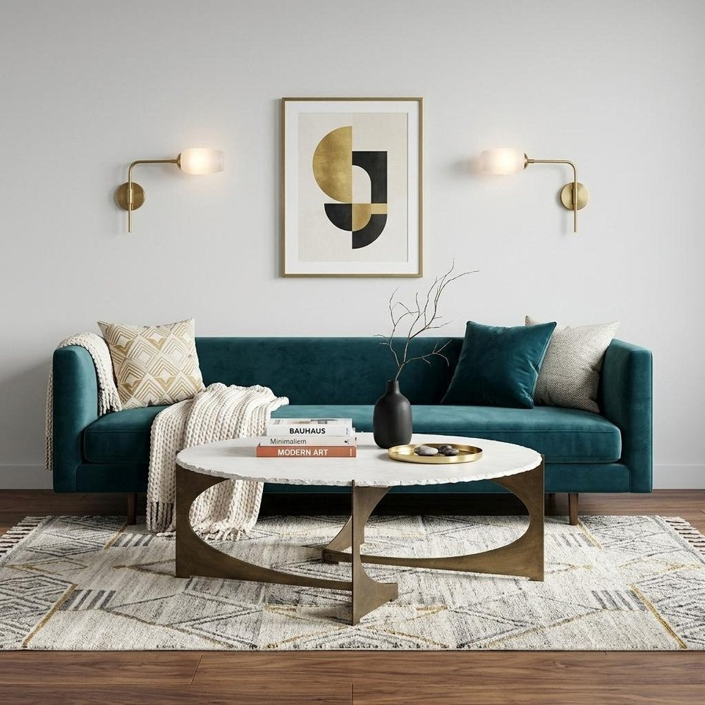 49" Round White Marble Top Gold And Metal Base Coffee Table