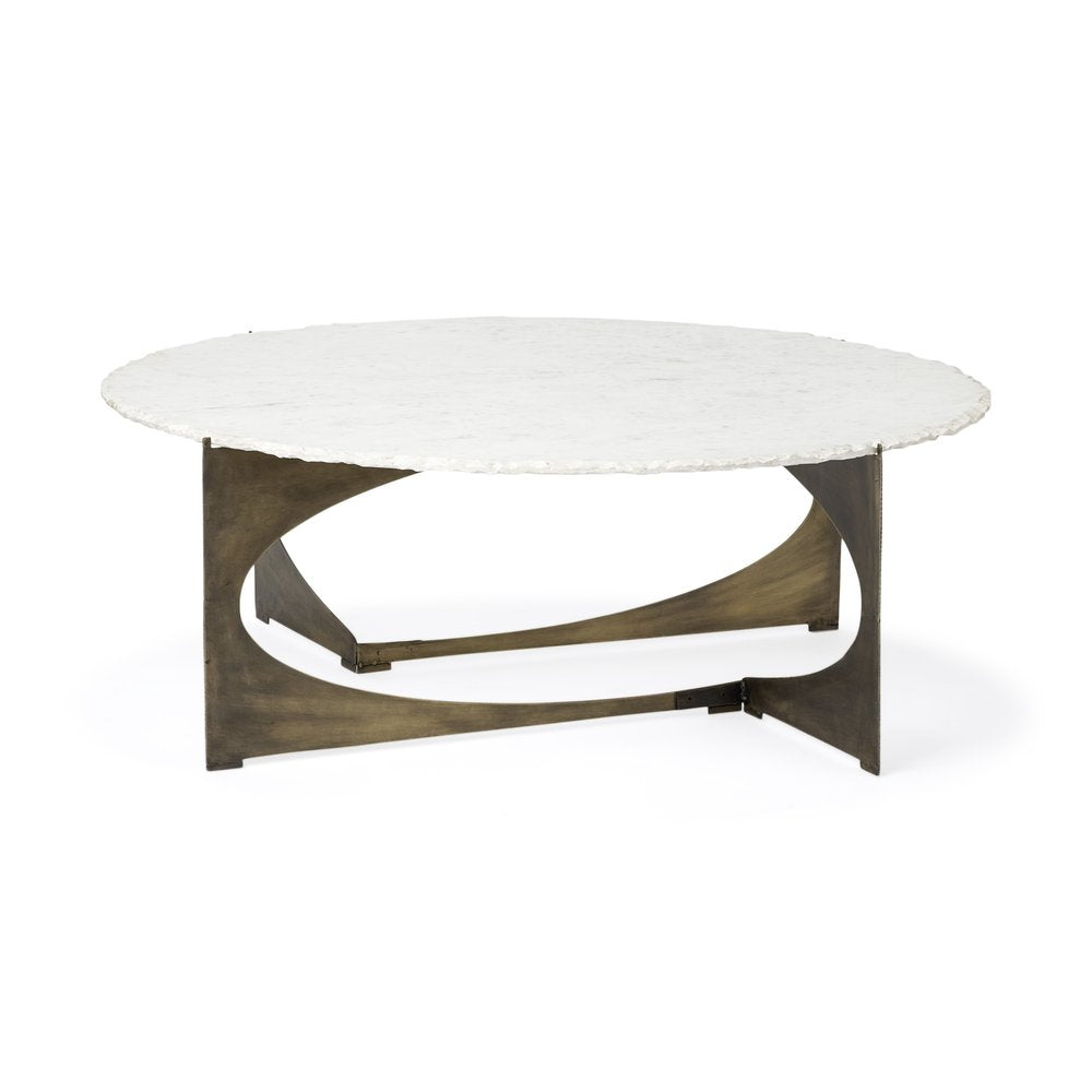 49" Round White Marble Top Gold And Metal Base Coffee Table