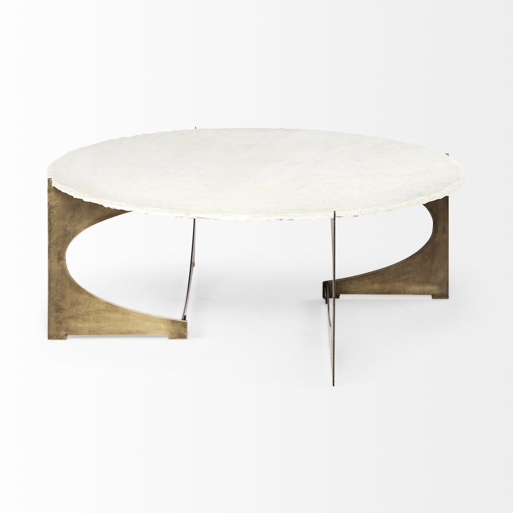 49" Round White Marble Top Gold And Metal Base Coffee Table