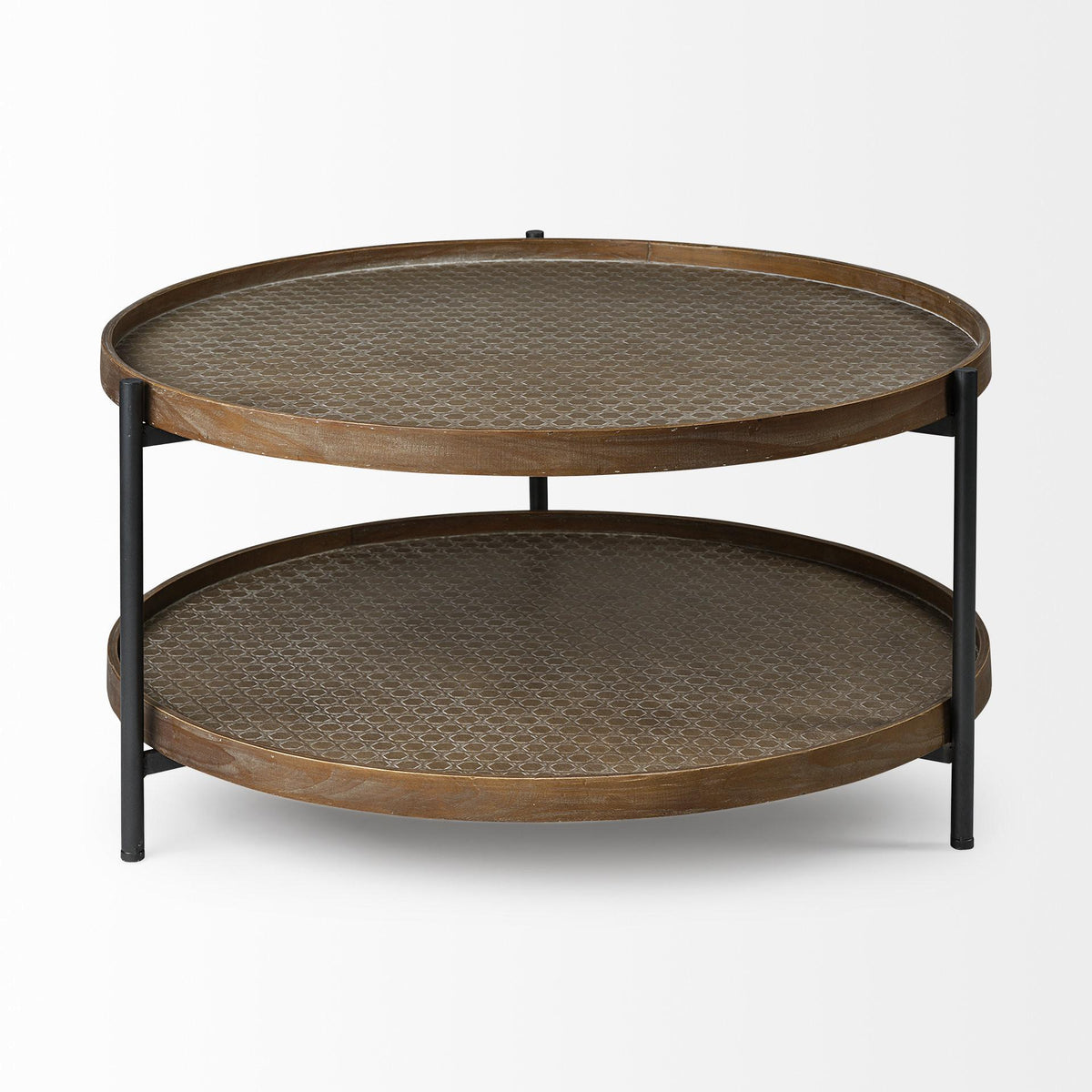 33" Brown and Black Solid Wood and Iron Round Coffee Table With Shelf