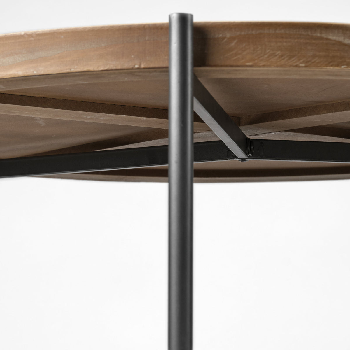 33" Brown and Black Solid Wood and Iron Round Coffee Table With Shelf