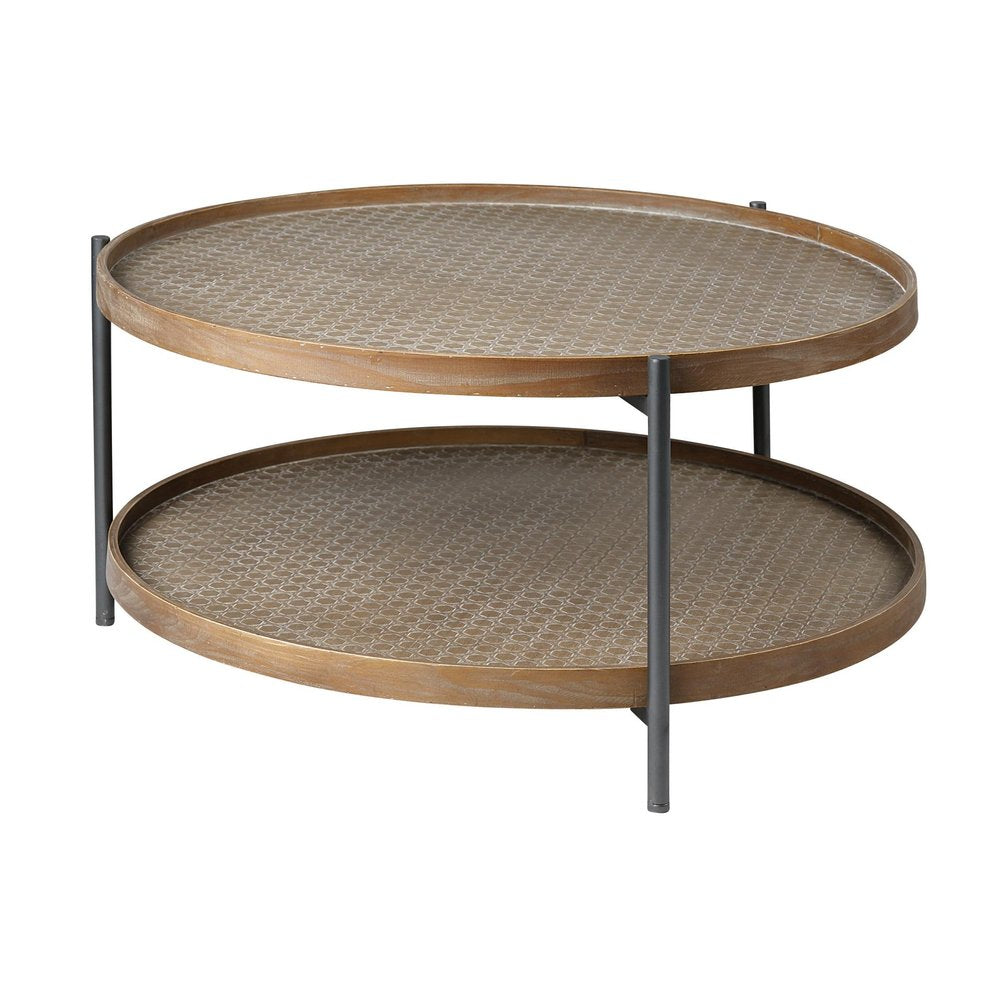 33" Brown and Black Solid Wood and Iron Round Coffee Table With Shelf