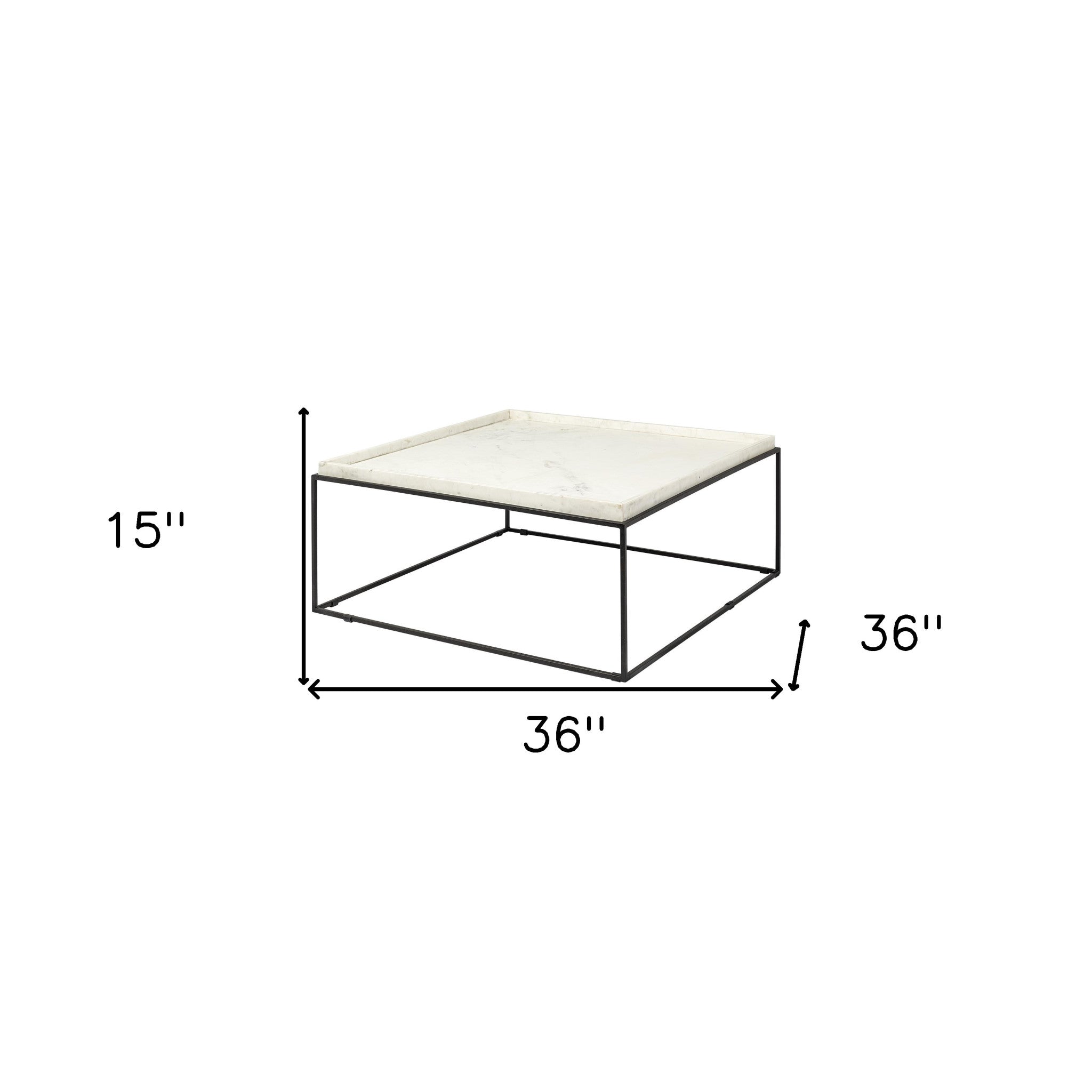 36" White and Black Genuine Marble and Metal Square Coffee Table