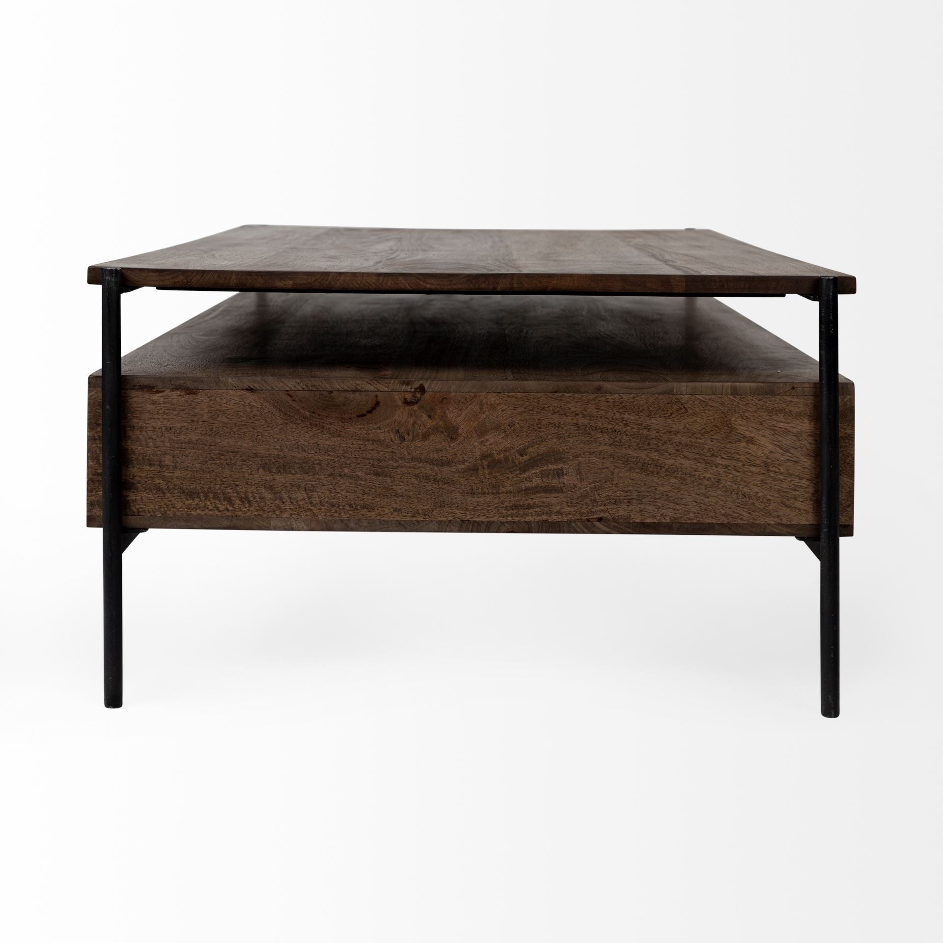 56" Brown and Black Solid Wood and Metal Coffee Table With Three Drawers