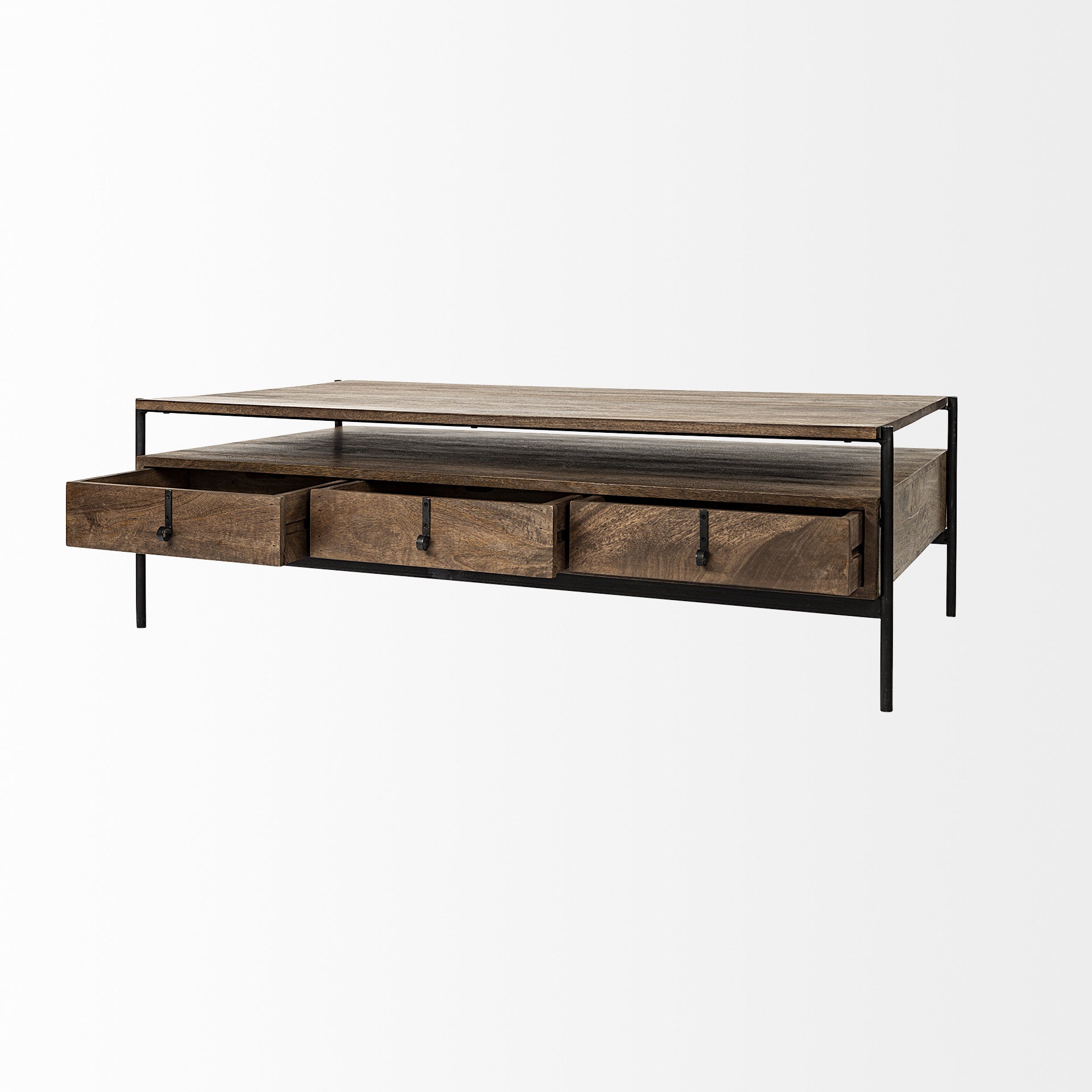 56" Brown and Black Solid Wood and Metal Coffee Table With Three Drawers