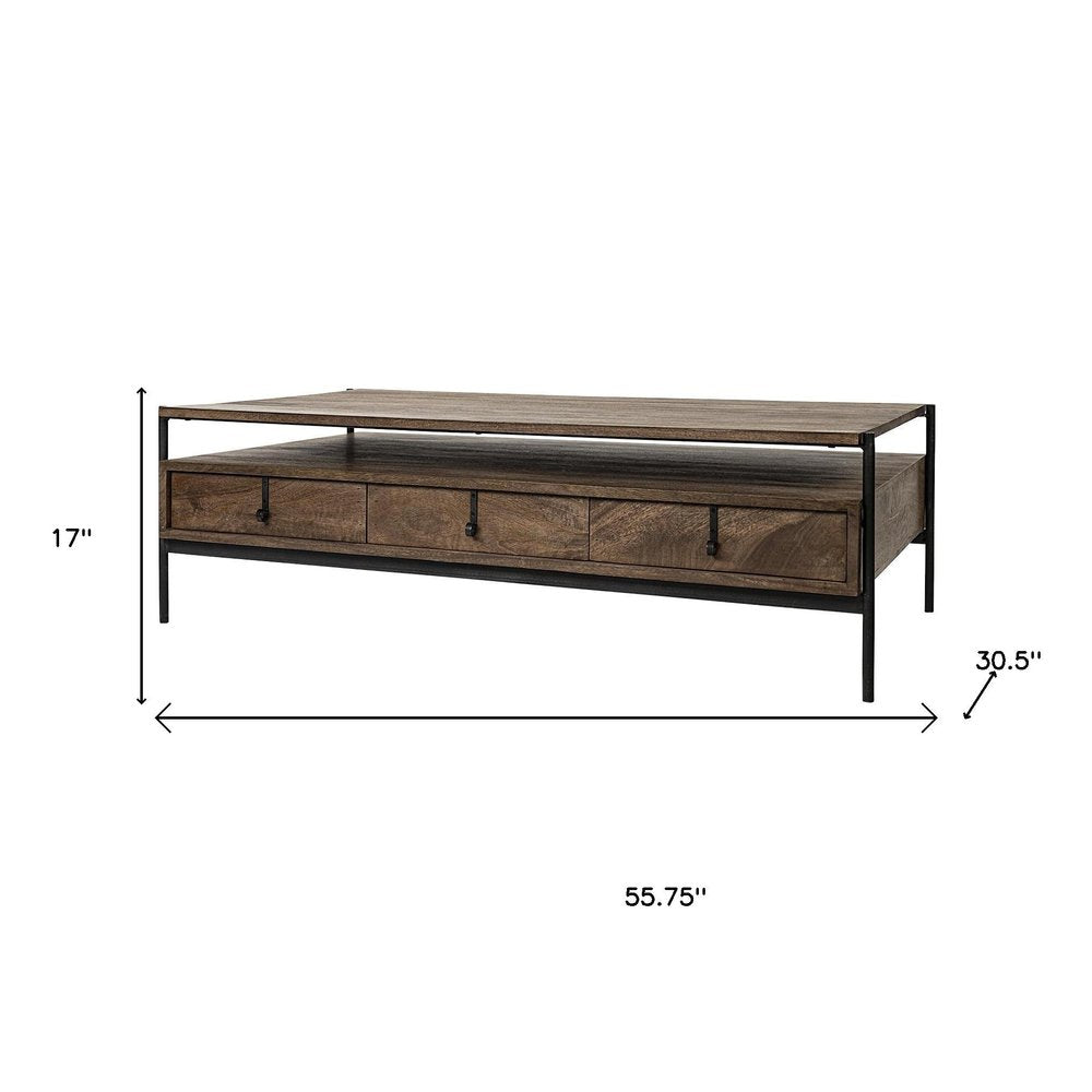 56" Brown and Black Solid Wood and Metal Coffee Table With Three Drawers
