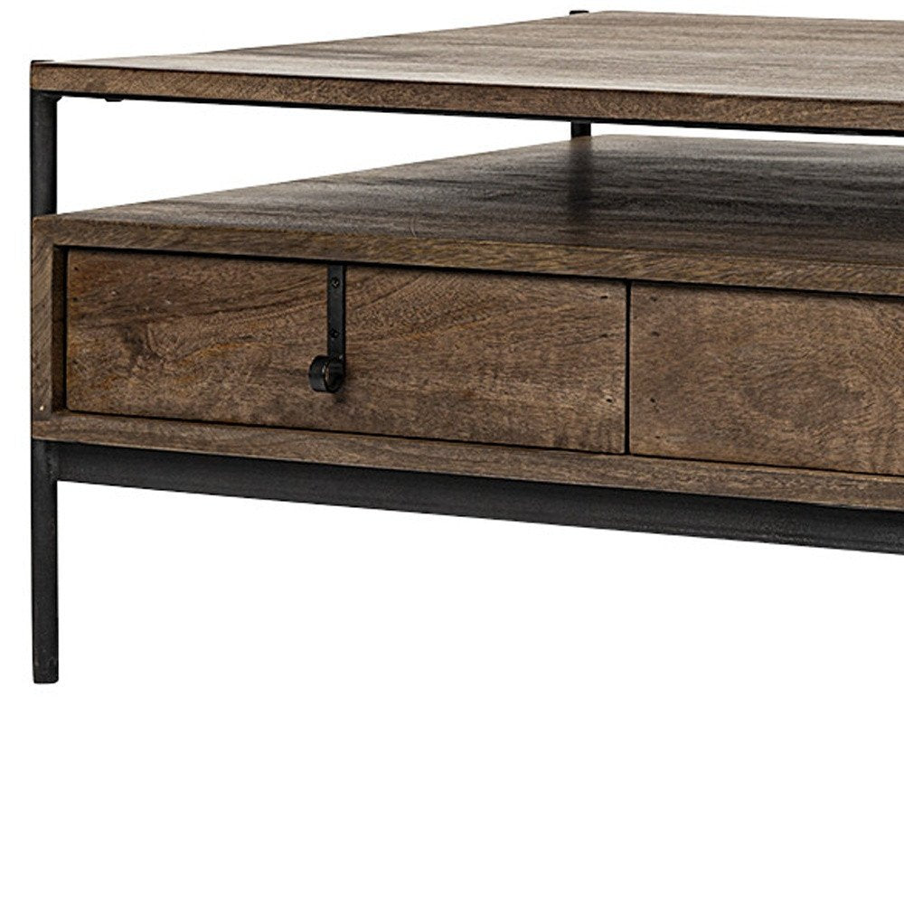 56" Brown and Black Solid Wood and Metal Coffee Table With Three Drawers