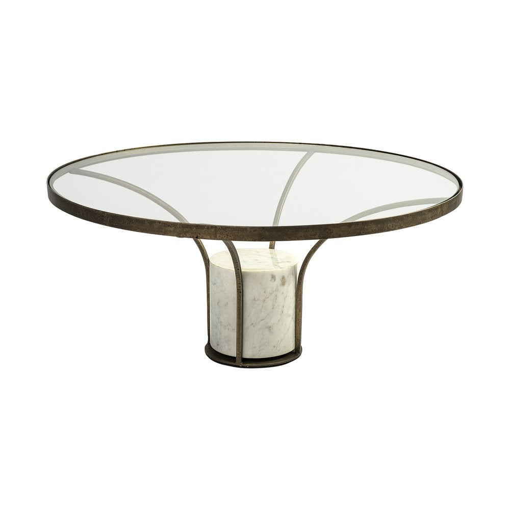 36" Antiqued Gold And White Glass Iron and Marble Round Pedestal Coffee Table