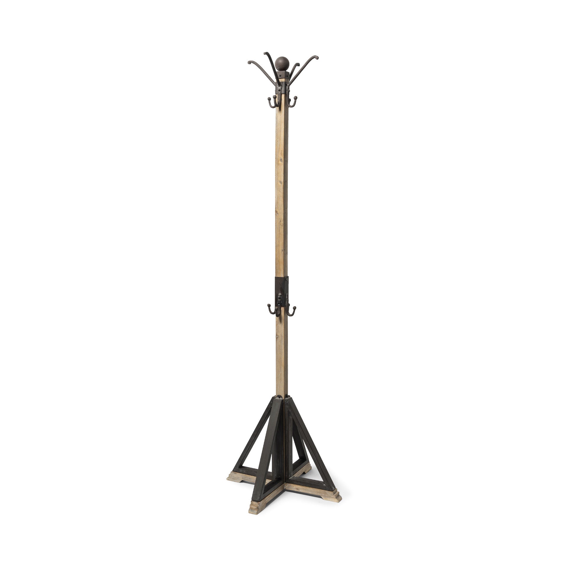 75" Black And Brown Solid Wood And Steel Twelve Hook Freestanding Coat Rack