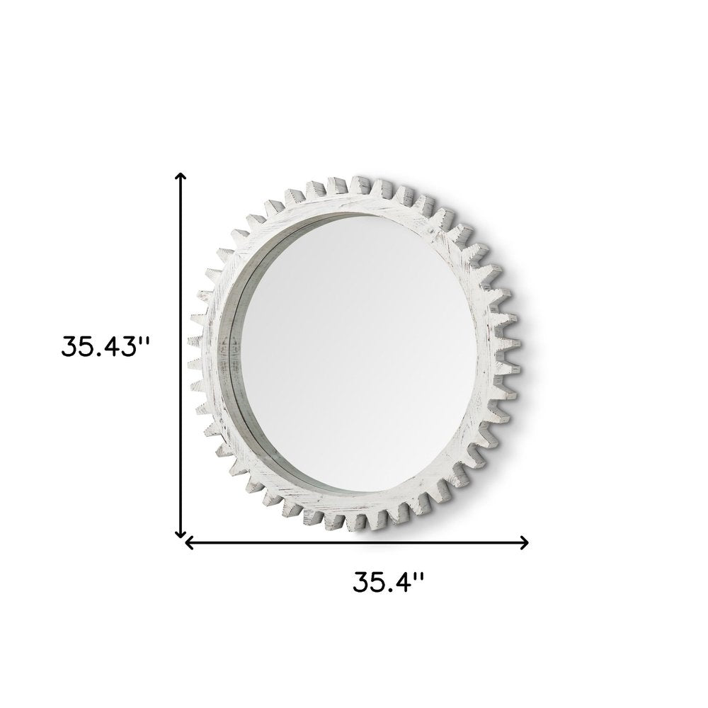 35" White Abstract Wood Framed Accent Mirror
