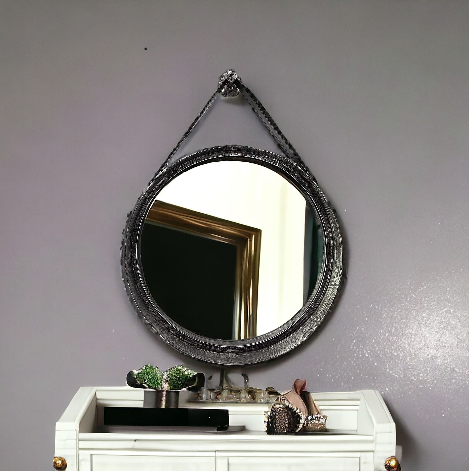 30" Black Round Metal Framed Accent Mirror