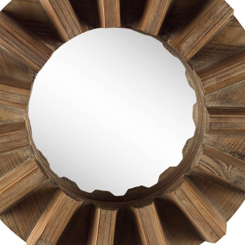 17" Brown Solid Wood Round Geometric Framed Accent Mirror